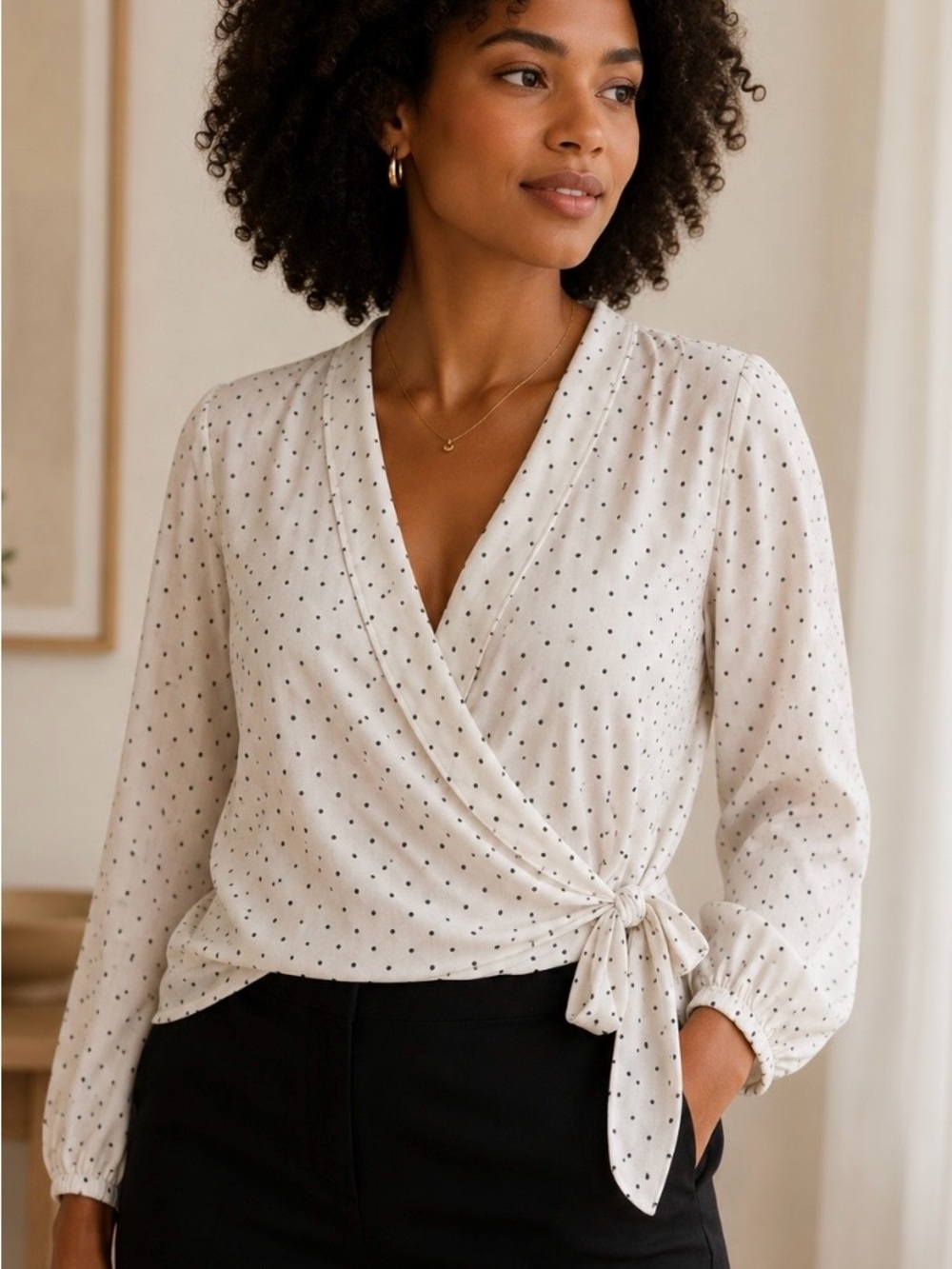 Adrianna Papell Wrap Blouse Womens XL White Black Polka Dots V-Neck Long Sleeve